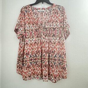 Rose & Olive Blouse Shirt Womens 1X Red Pink Ikat Print‎ Pintuck S/S Button Work